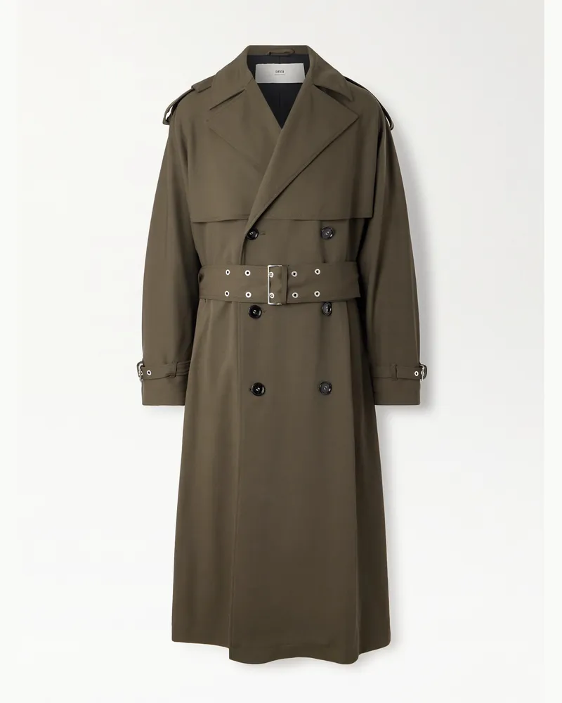 AMI Paris Doppelreihiger Trenchcoat aus Schurwollgabardine mit Gürtel Grün