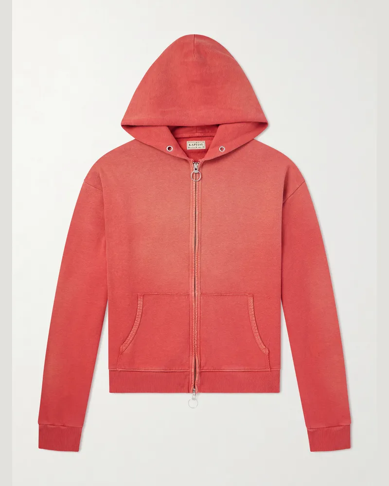 KAPITAL Distressed Cotton-Jersey Zip-Up Hoodie Red