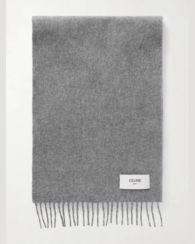 Celine Logo-Appliquéd Fringed Cashmere Scarf Gray