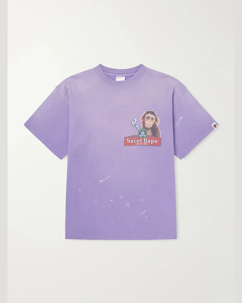 SAINT MXXXXXX BAPE® House Paint-Splattered Printed Cotton-Jersey T-Shirt Purple