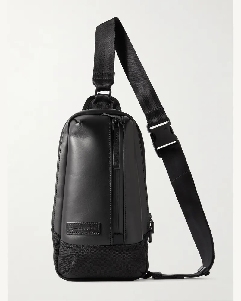 MASTER PIECE Slick Logo-Appliquéd Leather and CORDURA® Barastec Nylon Sling Backpack Black