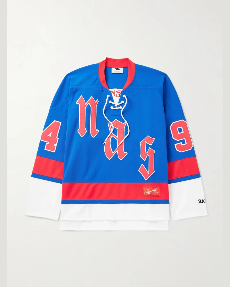 SAINT MXXXXXX Nas Logo-Appliquéd Jersey Shirt Blue