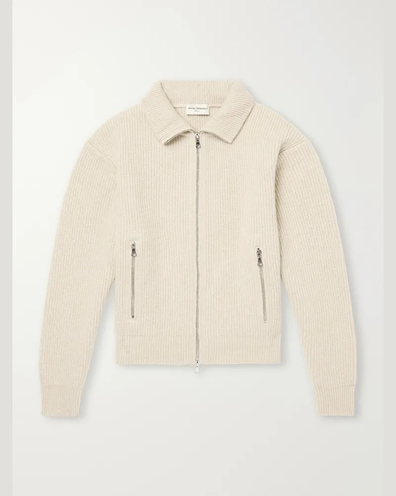 Officine Generale Florys Ribbed Wool-Blend Zip-Up Cardigan Neutrals