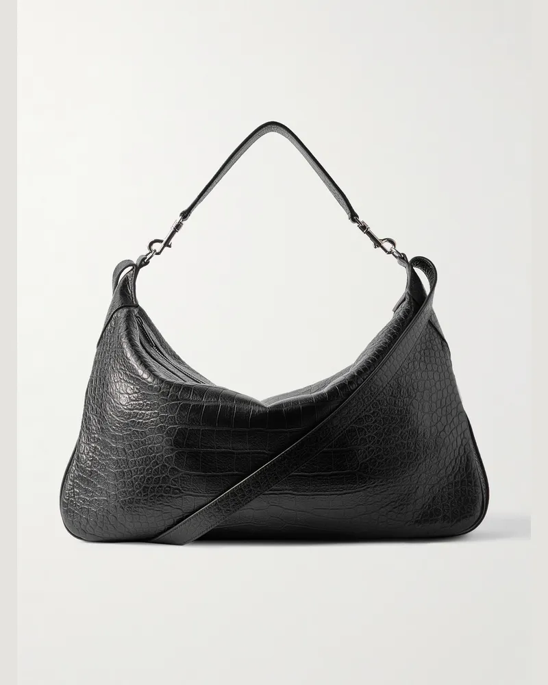 Celine Romy Large Croc-Effect Leather Messenger Bag Black