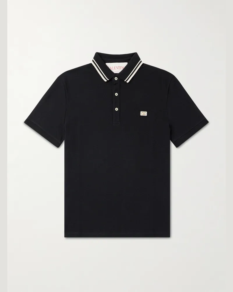 Valentino Garavani Polohemd aus Baumwoll-Piqué mit Streifen und Logoapplikation Schwarz
