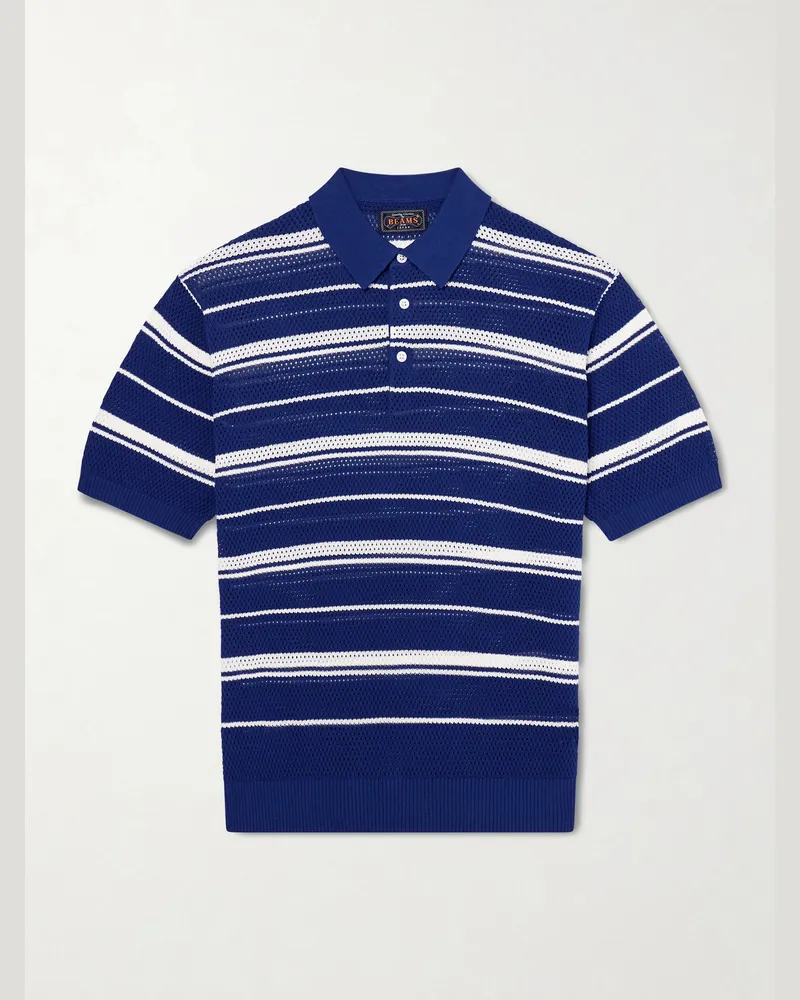 Beams Plus Striped Knitted Cotton Polo Shirt Blue