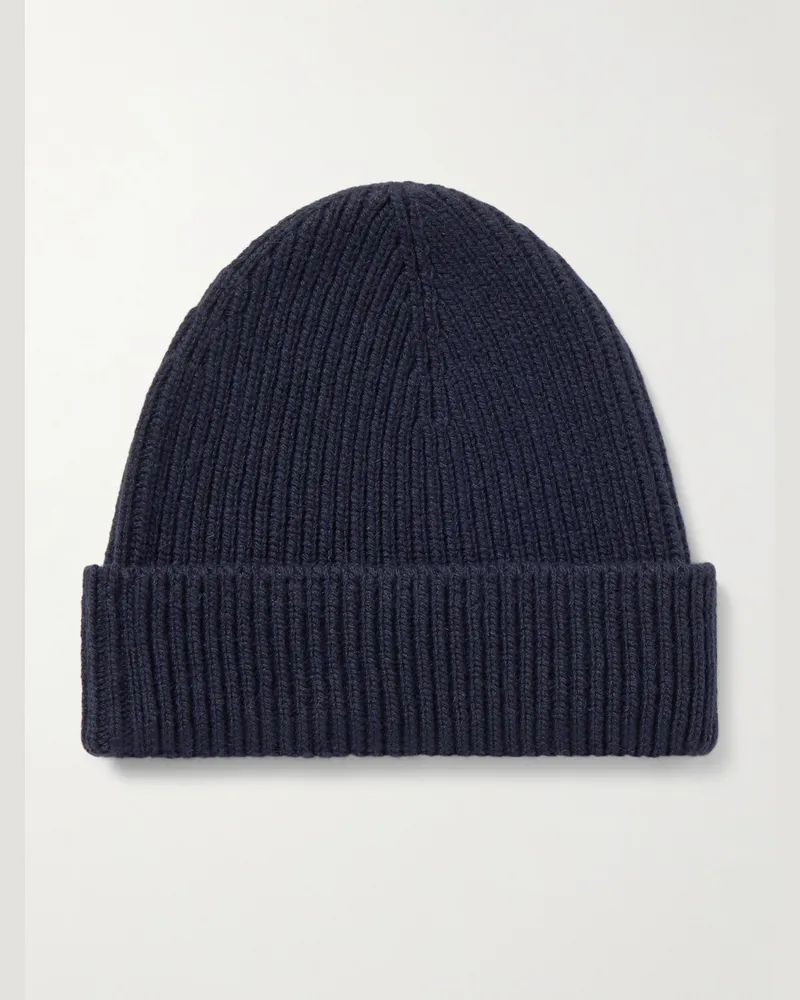 Johnstons of Elgin Beanie aus Kaschmir in Rippstrick Blau