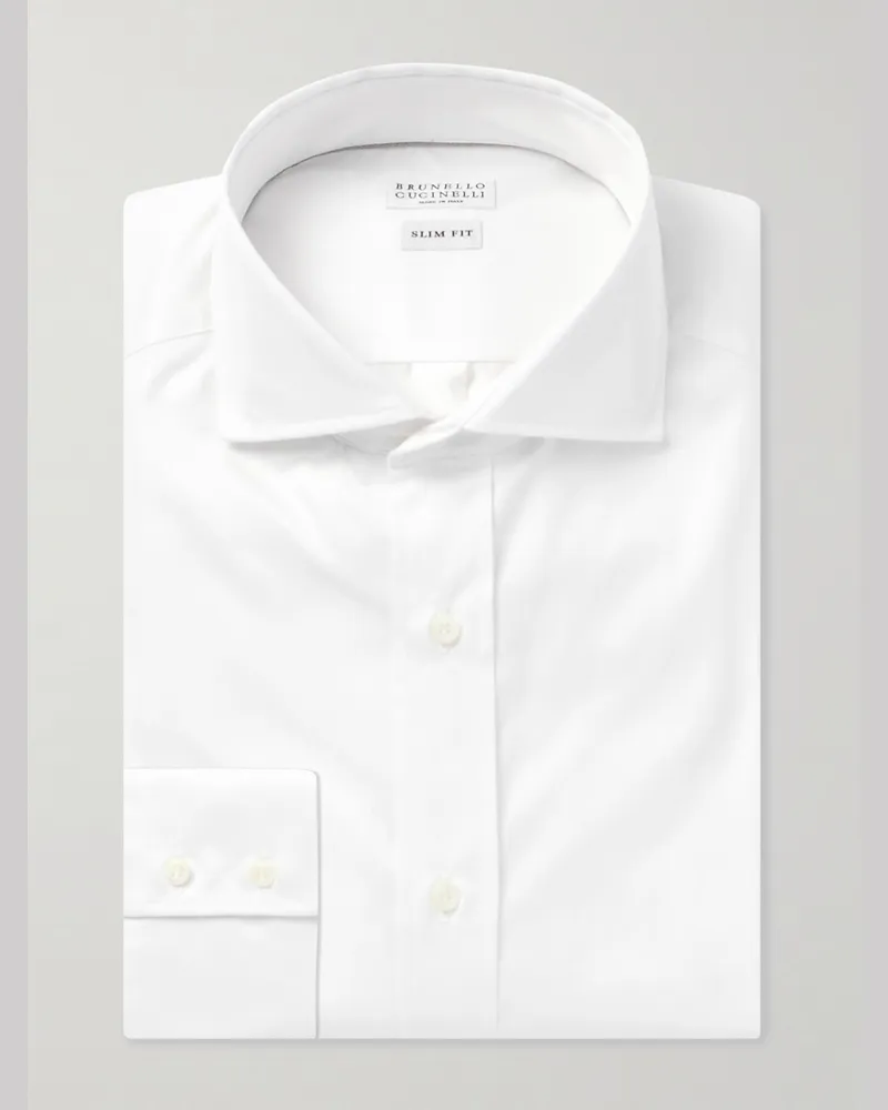 Brunello Cucinelli Hemd aus Baumwoll-Twill mit Cutaway-Kragen Weiß