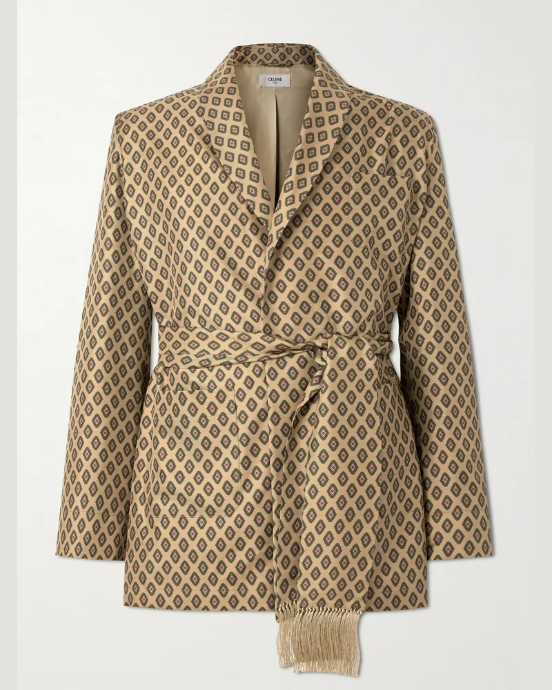 Celine Jacke aus bedrucktem Seiden-Twill mit Gürtel und Fransen Neutral