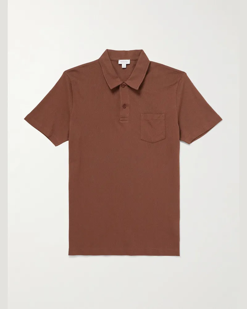 Sunspel Riviera Cotton-Mesh Polo Shirt Brown