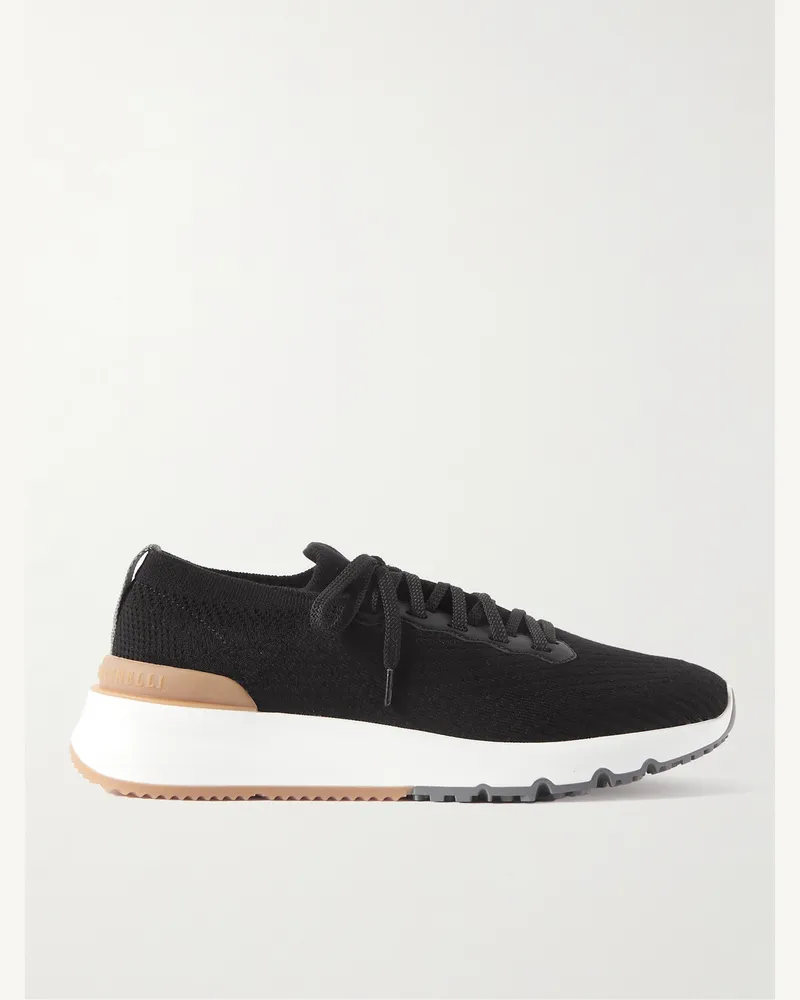 Brunello Cucinelli Leather-Trimmed Stretch-Knit Sneakers Black