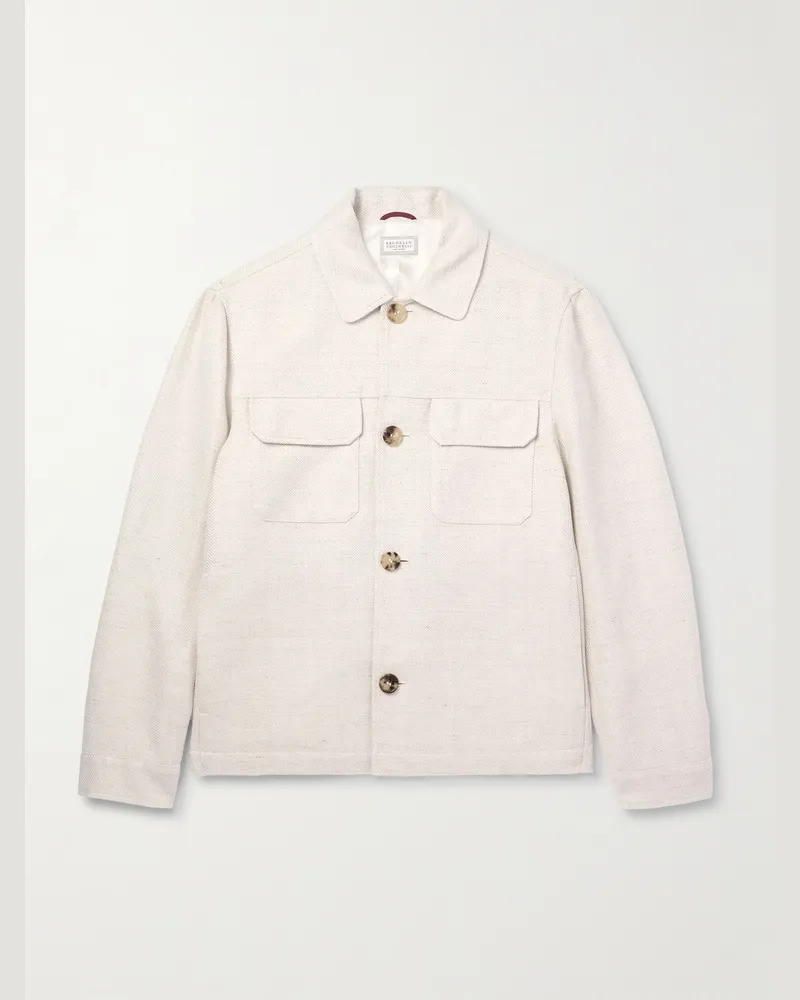 Brunello Cucinelli Hemdjacke aus einer Mischung aus Leinen, Seide, Wolle und Baumwolle mit Fischgratmuster Neutral