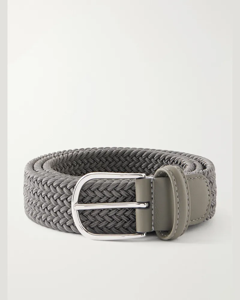 Anderson's 3.5cm Leather-Trimmed Woven Elastic Belt Gray