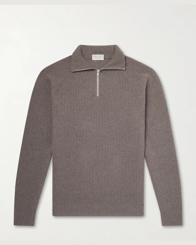 John Smedley Ryker Ribbed Recycled-Cashmere and Wool-Blend Half-Zip Sweater Brown