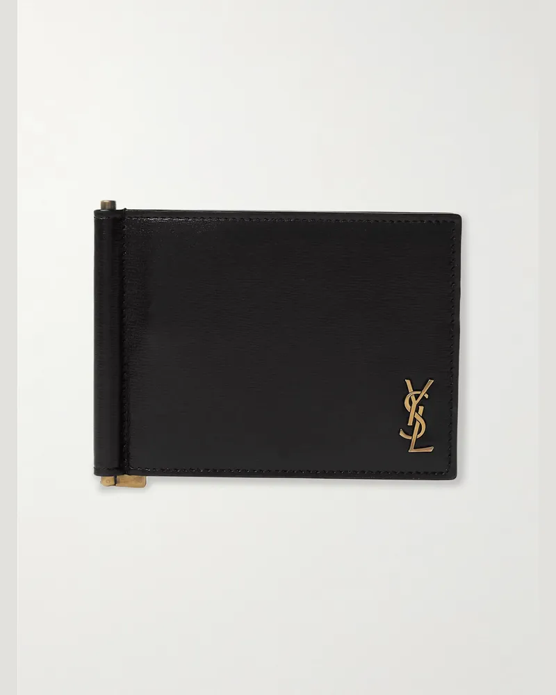 Saint Laurent Aufklappbares Portemonnaie aus Leder mit Logoapplikation und Geldklammer Schwarz
