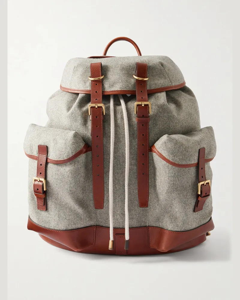 Brunello Cucinelli Leather-Trimmed Flannel Backpack Green
