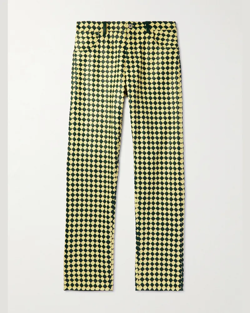Bottega Veneta Gerade geschnittene zweifarbige Hose aus Intrecciato-Leder Grün