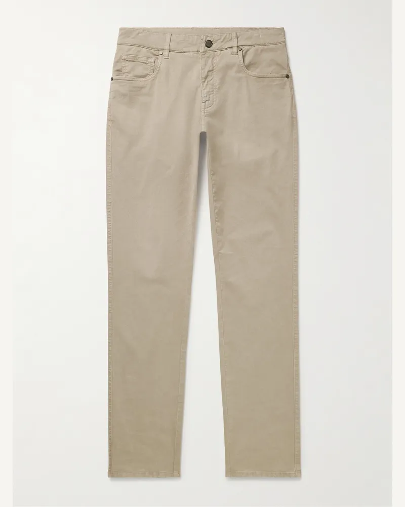 PURDEY Slim-Fit Straight-Leg Cotton-Blend Twill Trousers Neutrals