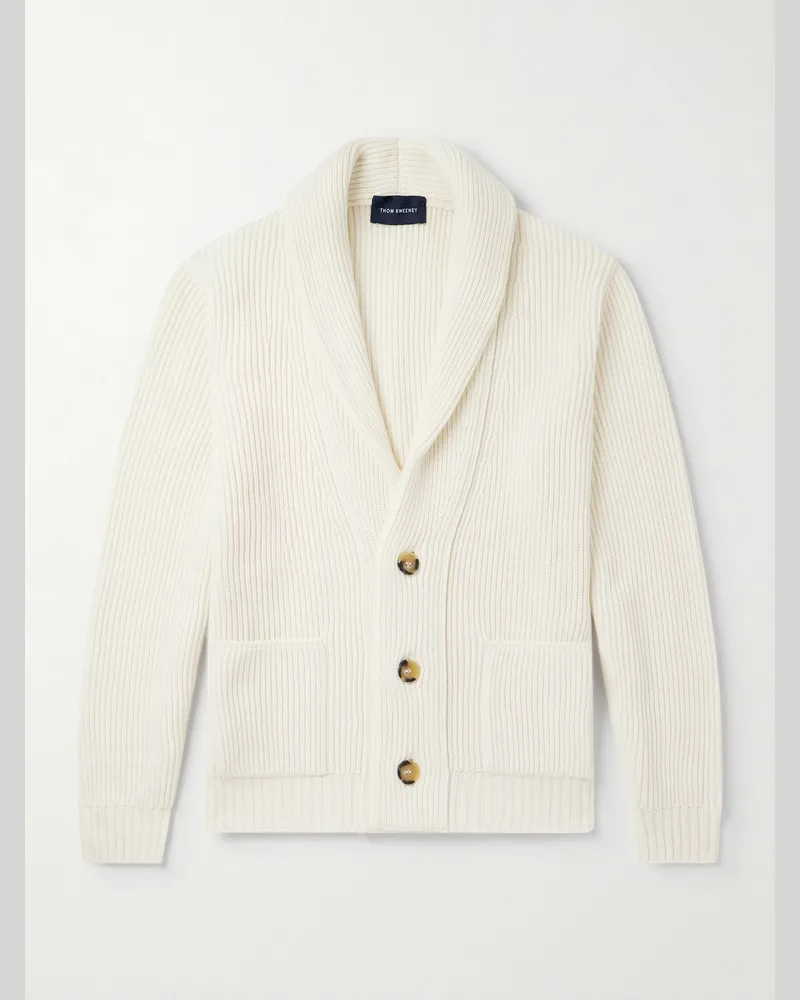 Thom Sweeney Cardigan aus Wolle in Rippstrick mit Schalkragen Weiß