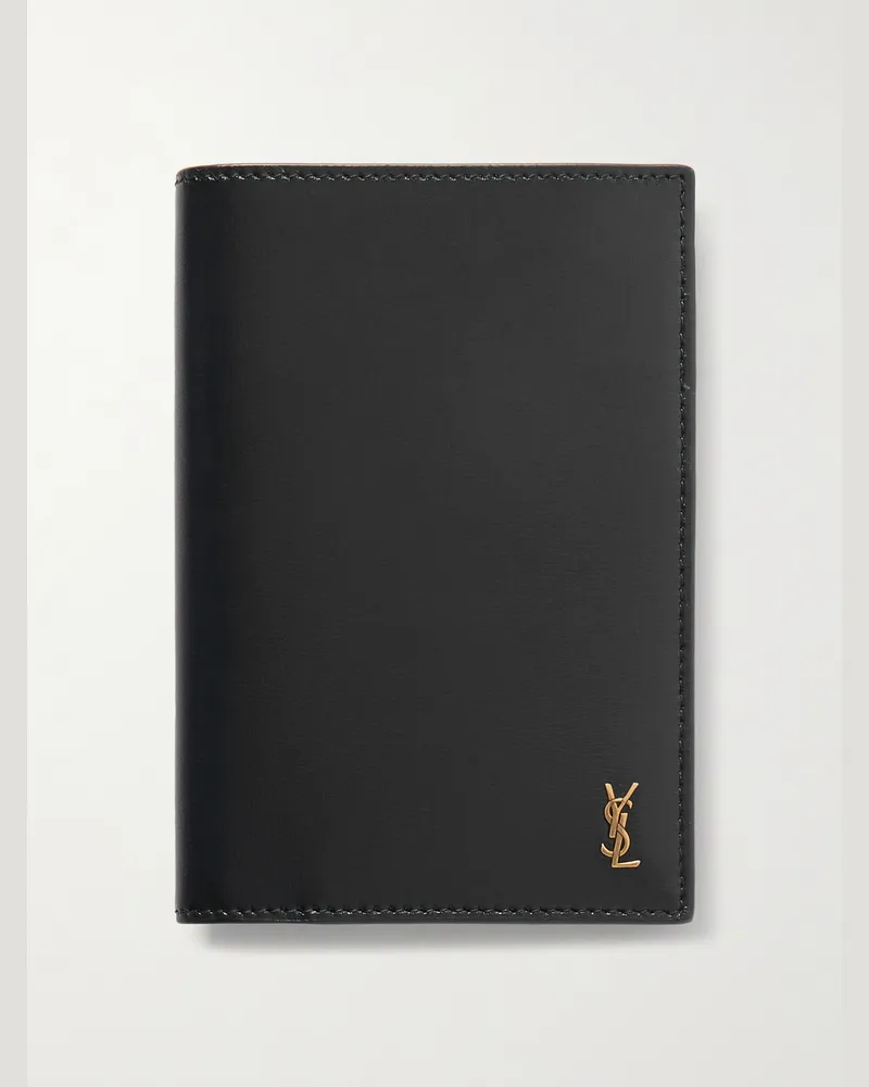 Saint Laurent Cassandre Logo-Embellished Glossed-Leather Passport Cover Black