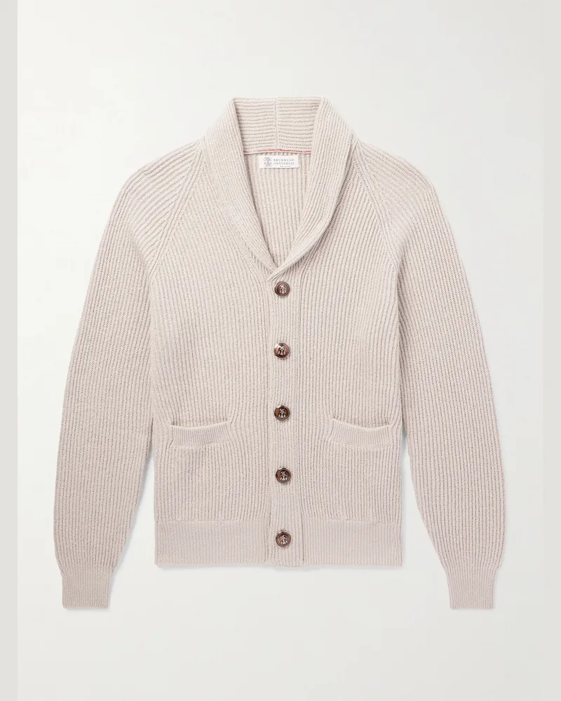 Brunello Cucinelli Shawl-Collar Ribbed Cotton Cardigan Gray