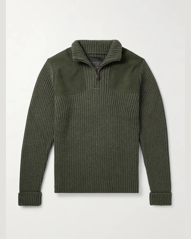 PURDEY Commando Suede-Trimmed Ribbed Wool Half-Zip Sweater Green