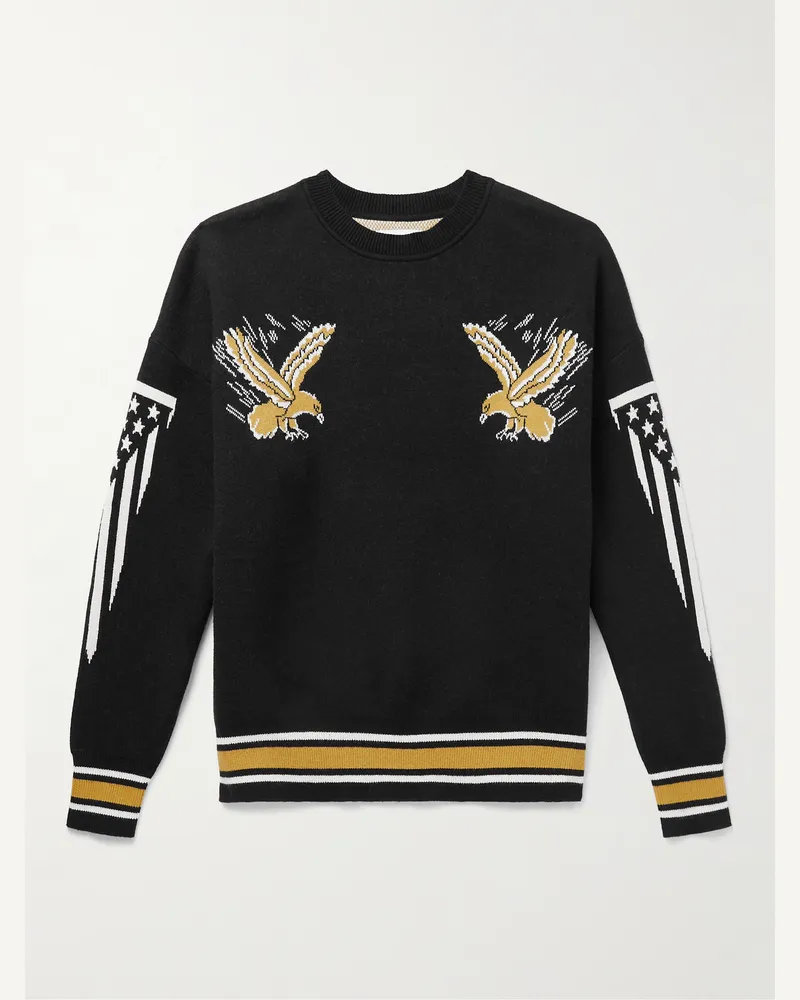 RHUDE Pullover aus einer Baumwoll-Kaschmirmischung mit Intarsienmotiven und Stickerei Schwarz
