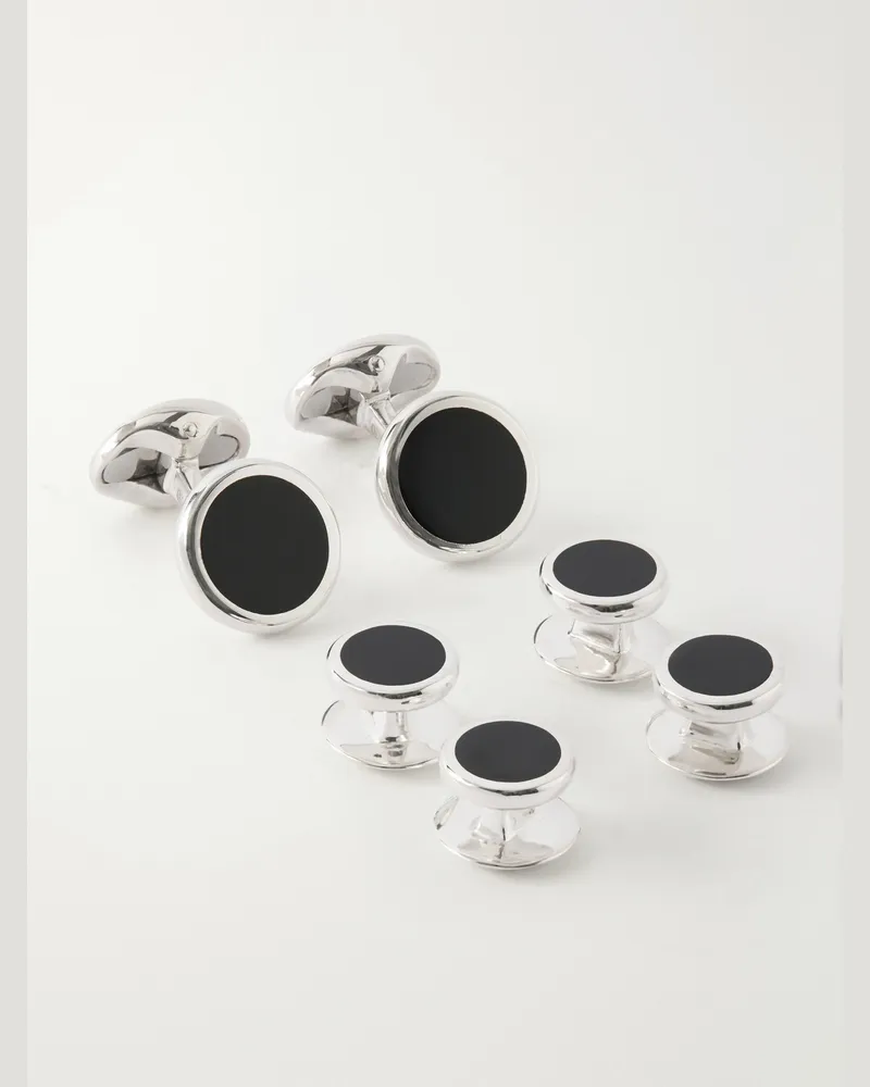 Deakin & Francis Enamel and Sterling Silver Cufflinks and Dress Studs Set Silver