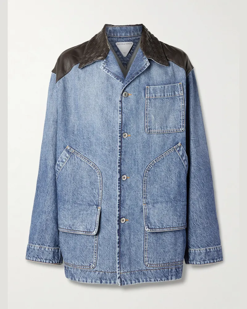 Bottega Veneta Intrecciato Leather-Panelled Denim Jacket Blue