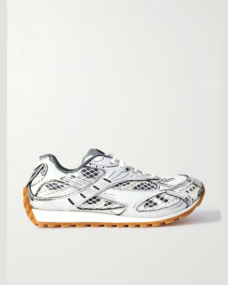 Bottega Veneta Orbit Metallic Rubber and Mesh Sneakers White