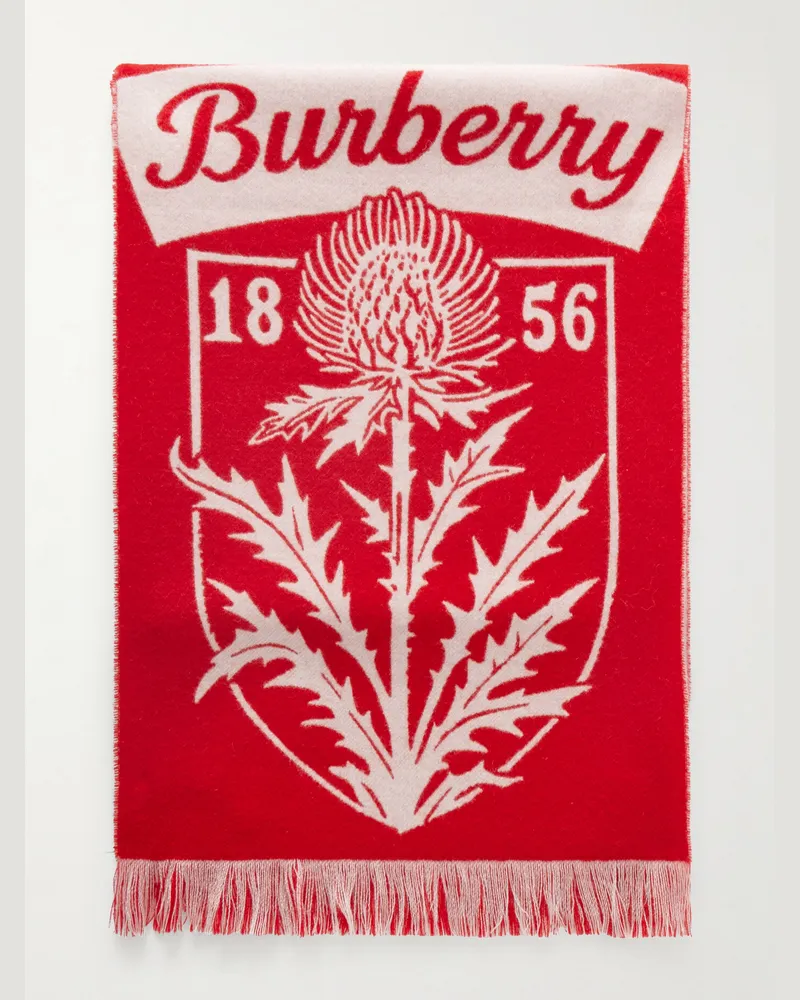Burberry Schal aus Woll-Jacquard-Strick mit Logomotiv und Fransen Rot