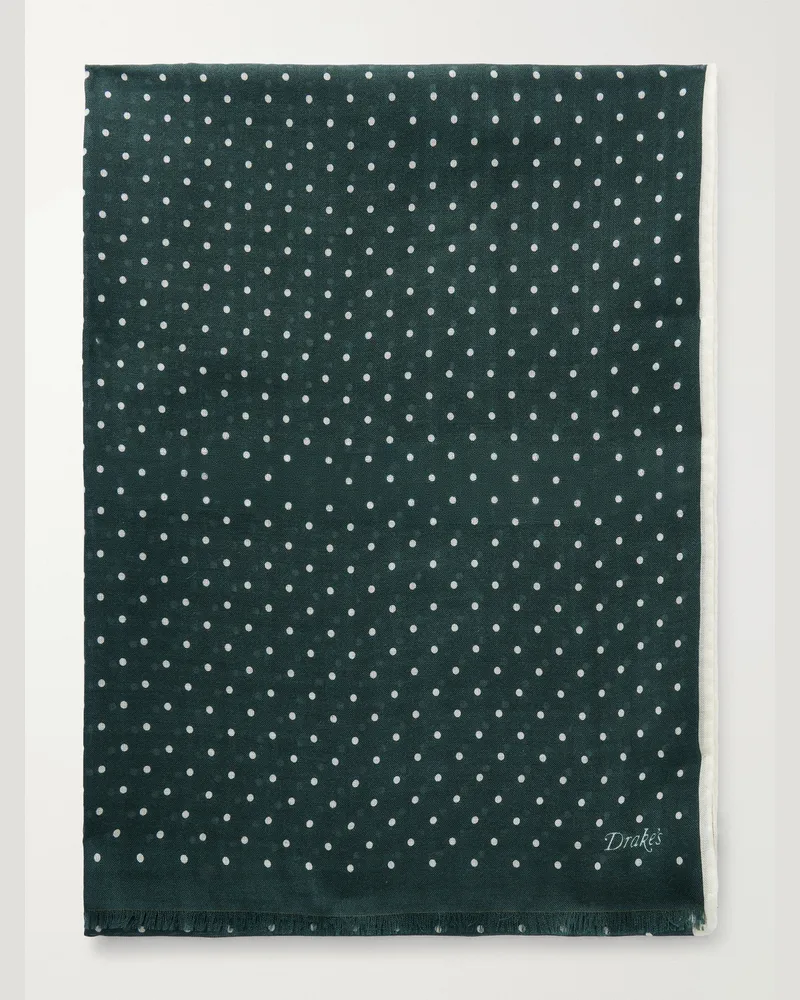 Drake's Shoestring Frayed Polka-Dot Wool and Silk-Blend Twill Scarf Green