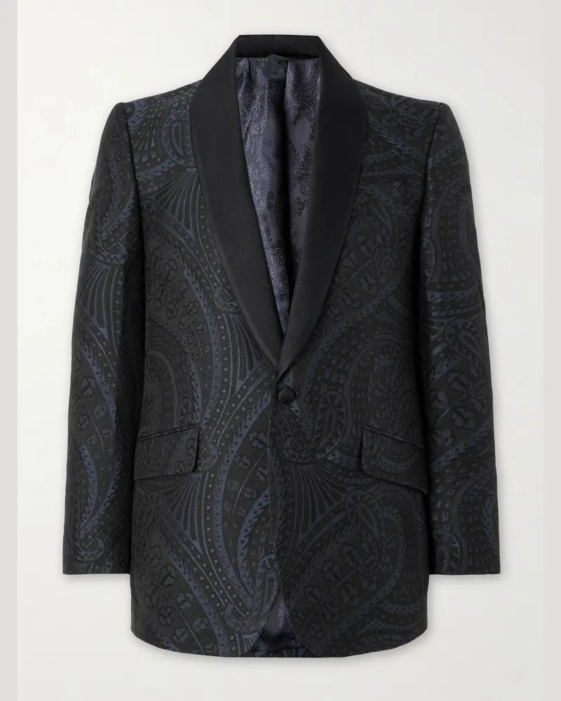 Favourbrook Smokingjacke aus Jacquard aus einer Baumwoll-Seidenmischung mit Paisley-Muster und Twill-Besatz Blau