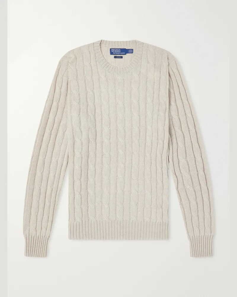 Ralph Lauren Logo-Embroidered Cable-Knit Cashmere Sweater Neutrals