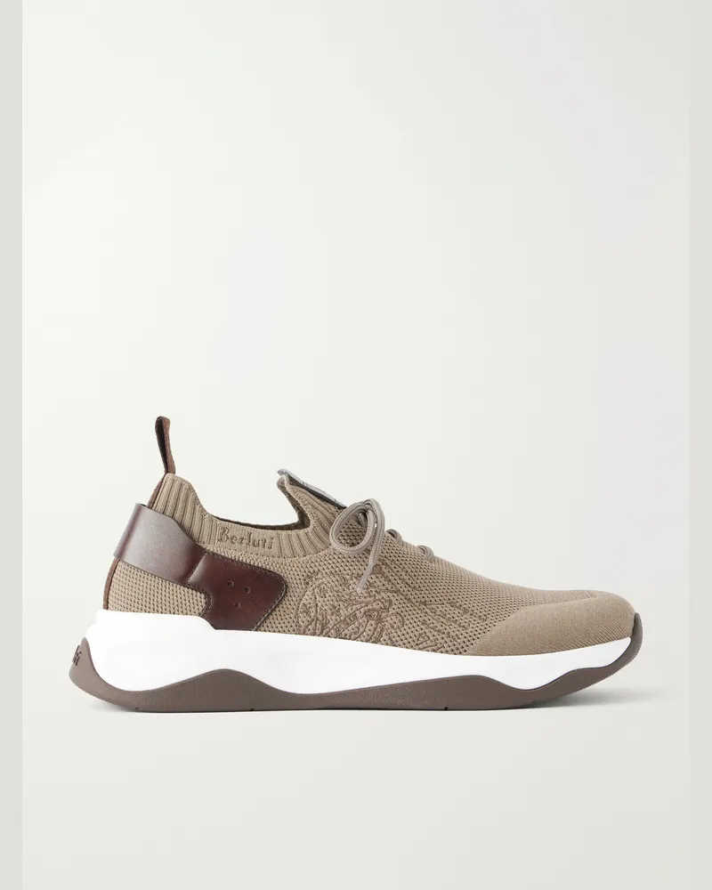 Berluti Shadow Leather-Trimmed Stretch-Knit Sneakers Neutrals