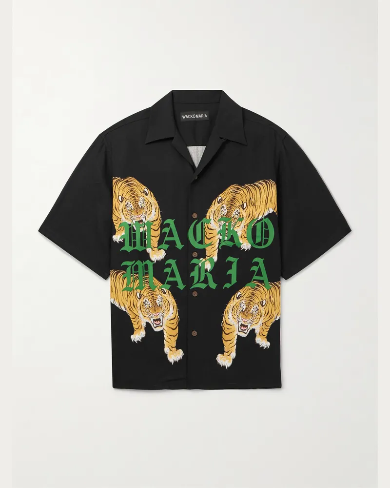 Wacko Maria Hemd aus recyeltem Tencel™ mit wandelbarem Kragen und Print Schwarz