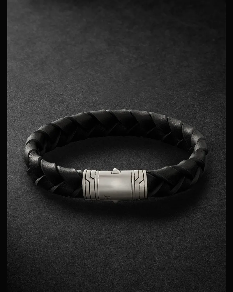 John Hardy Armband aus geflochtenem Leder mit emailliertem Detail aus Sterlingsilber Schwarz