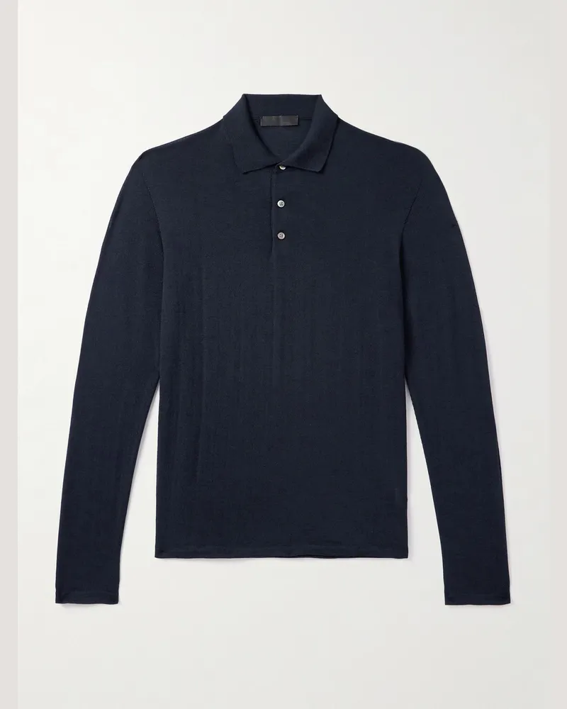 SAMAN AMEL Slim-Fit Wool Polo Shirt Blue