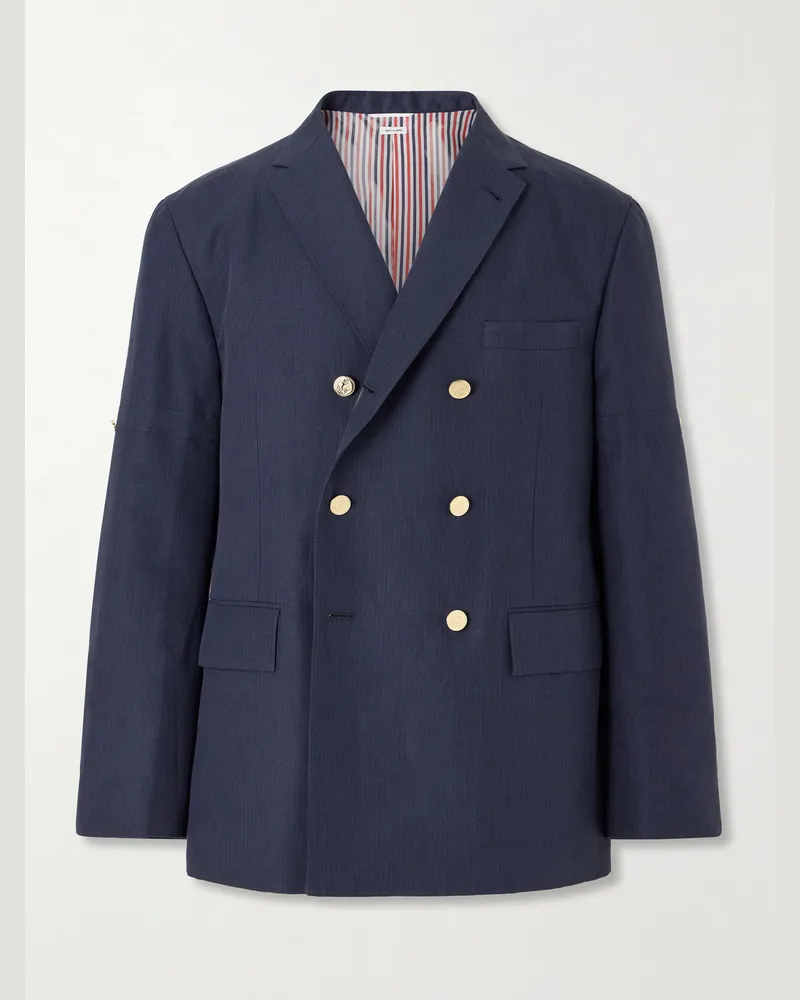 Thom Browne Double-Breasted Striped Cotton and Linen-Blend Blazer Blue
