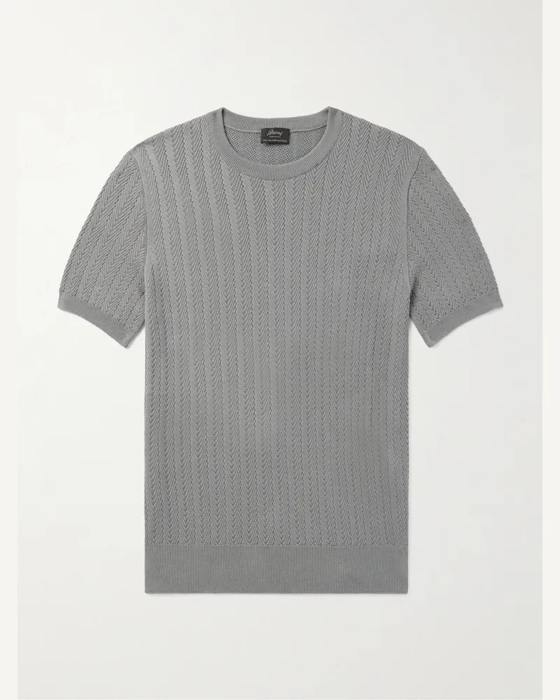 Brioni Schmal geschnittenes T-Shirt aus Baumwollstrick mit Fischgratmuster Grau