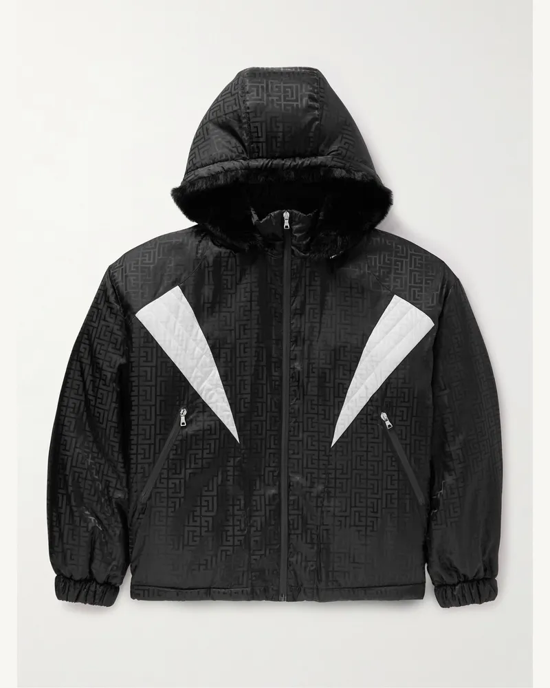 Balmain Wattierte Kapuzenjacke aus Shell mit Monogrammmuster und Faux-Fur-Besatz Schwarz
