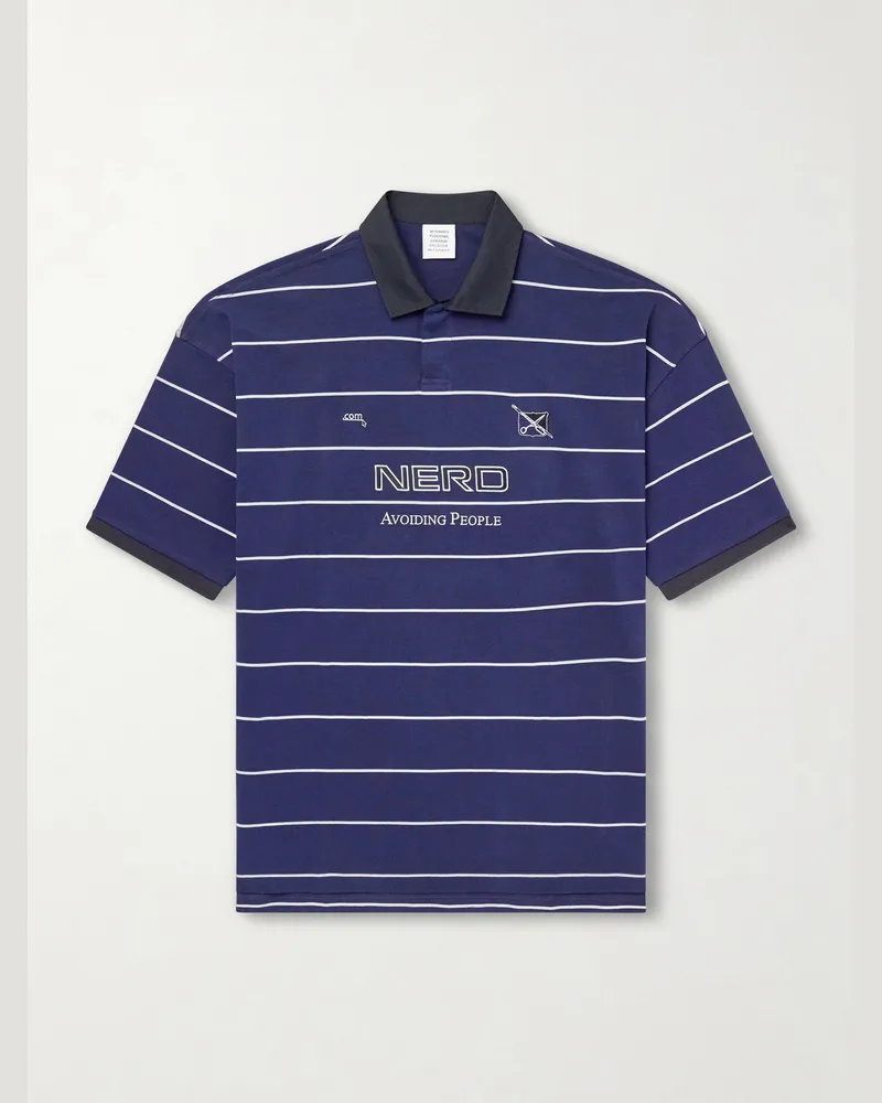 VETEMENTS Nerd Embroidered Striped Cotton-Jersey Polo Shirt Blue
