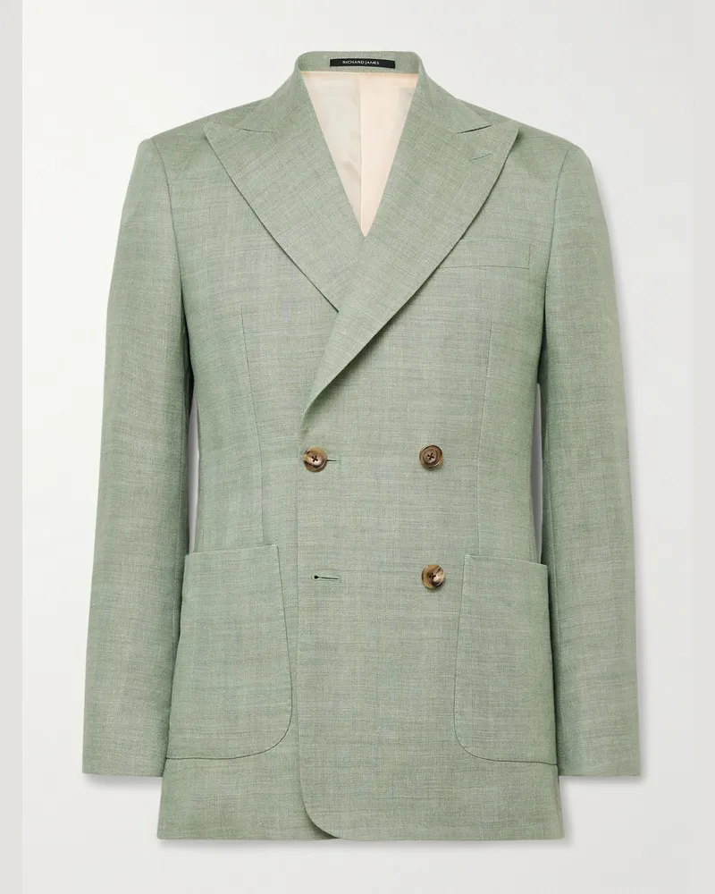 Richard James Hepworth Double-Breasted Herringbone Linen and Wool-Blend Suit Jacket Green