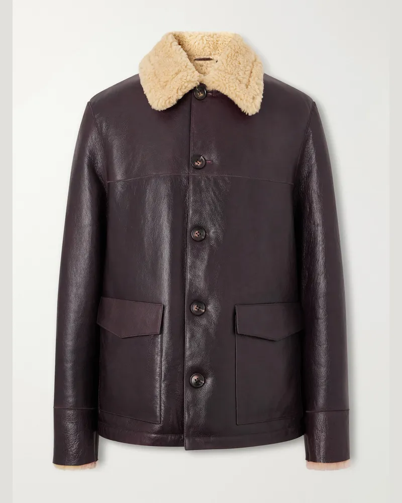 Officine Generale Ilan Shearling-Lined Leather Jacket Brown
