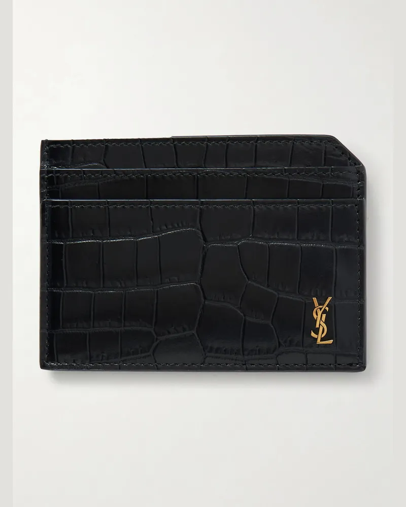Saint Laurent Tiny Cassandre Logo-Appliquéd Croc-Effect Patent-Leather Cardholder Black