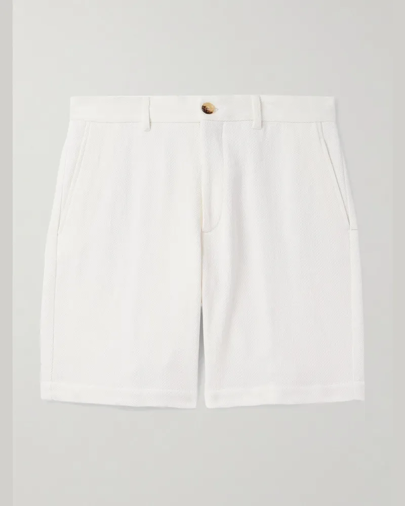 Brunello Cucinelli Gerade geschnittene Bermudashorts aus einer Baumwoll-Leinenmischung in Fischgratmuster Weiß