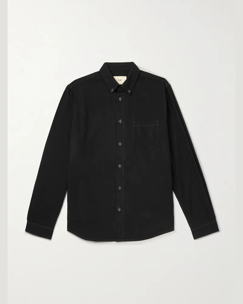 Folk Hemd aus Baumwollflanell mit Button-Down-Kragen Schwarz