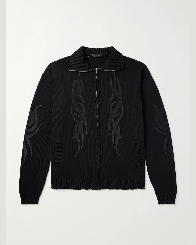 Balenciaga Oversized Distressed Printed Knitted Zip-Up Cardigan Black