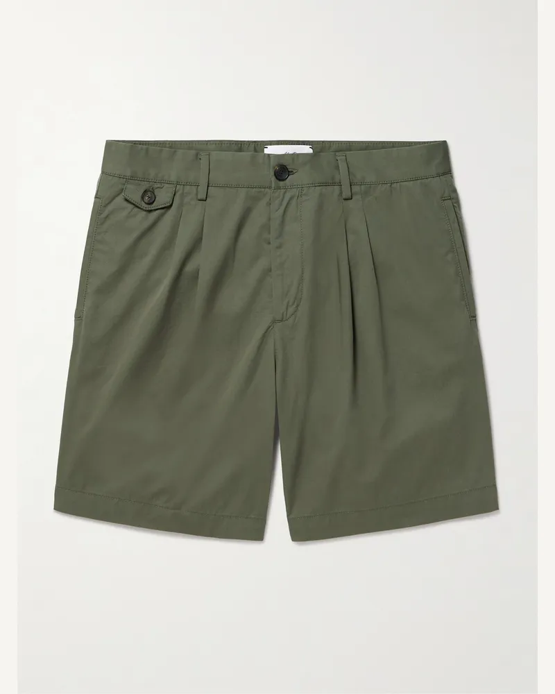 MR P. Straight-Leg Pleated Organic Cotton-Poplin Shorts Green