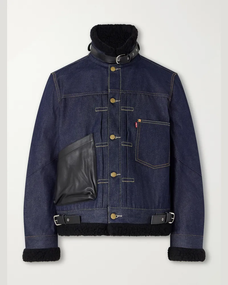 Sacai Levi's Plush and Leather-Trimmed Denim Jacket Blue